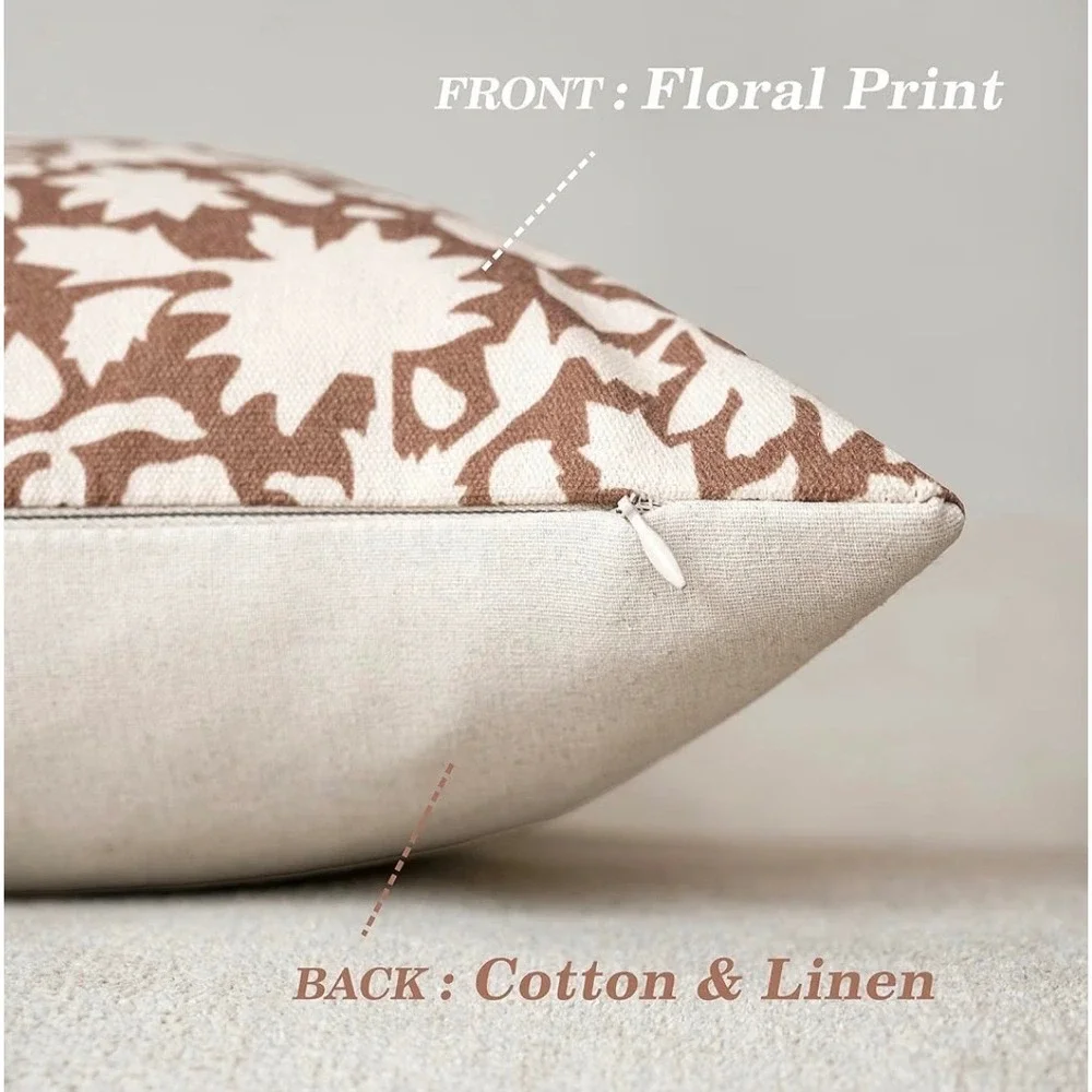 Set of 2 Floral Print Cotton Linen Throw Pillow Covers 18x18 Brown Cream Boho